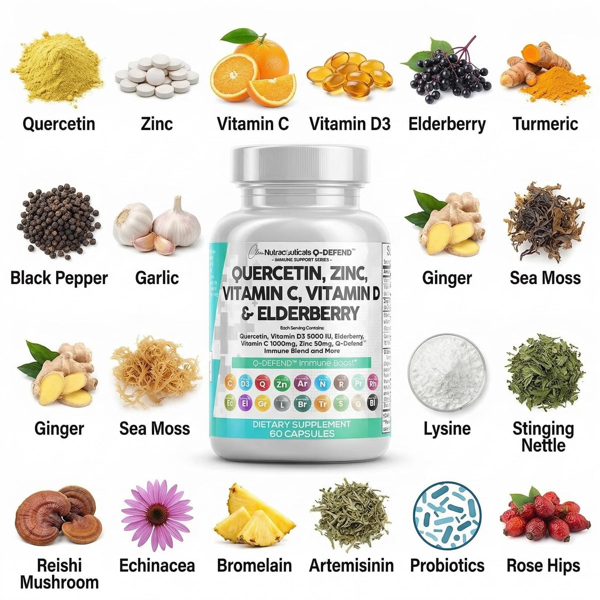 Clean Nutraceuticals Q Defend daily dosage details showcasing the unflavored immune support capsules