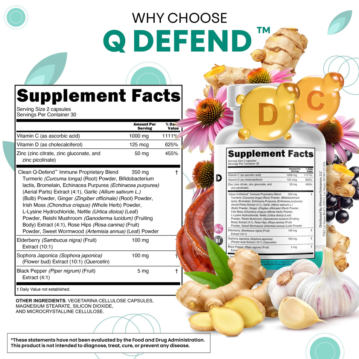 Clean Nutraceuticals Q Defend 18 in 1 immunity blend list showcasing elderberry and garlic ingredients