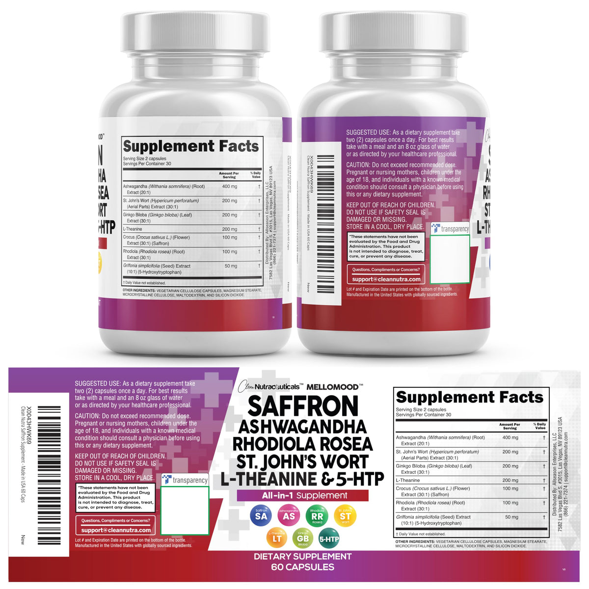 Clean Nutraceuticals saffron and ashwagandha formula capsules displaying the authentic USA imported label details.