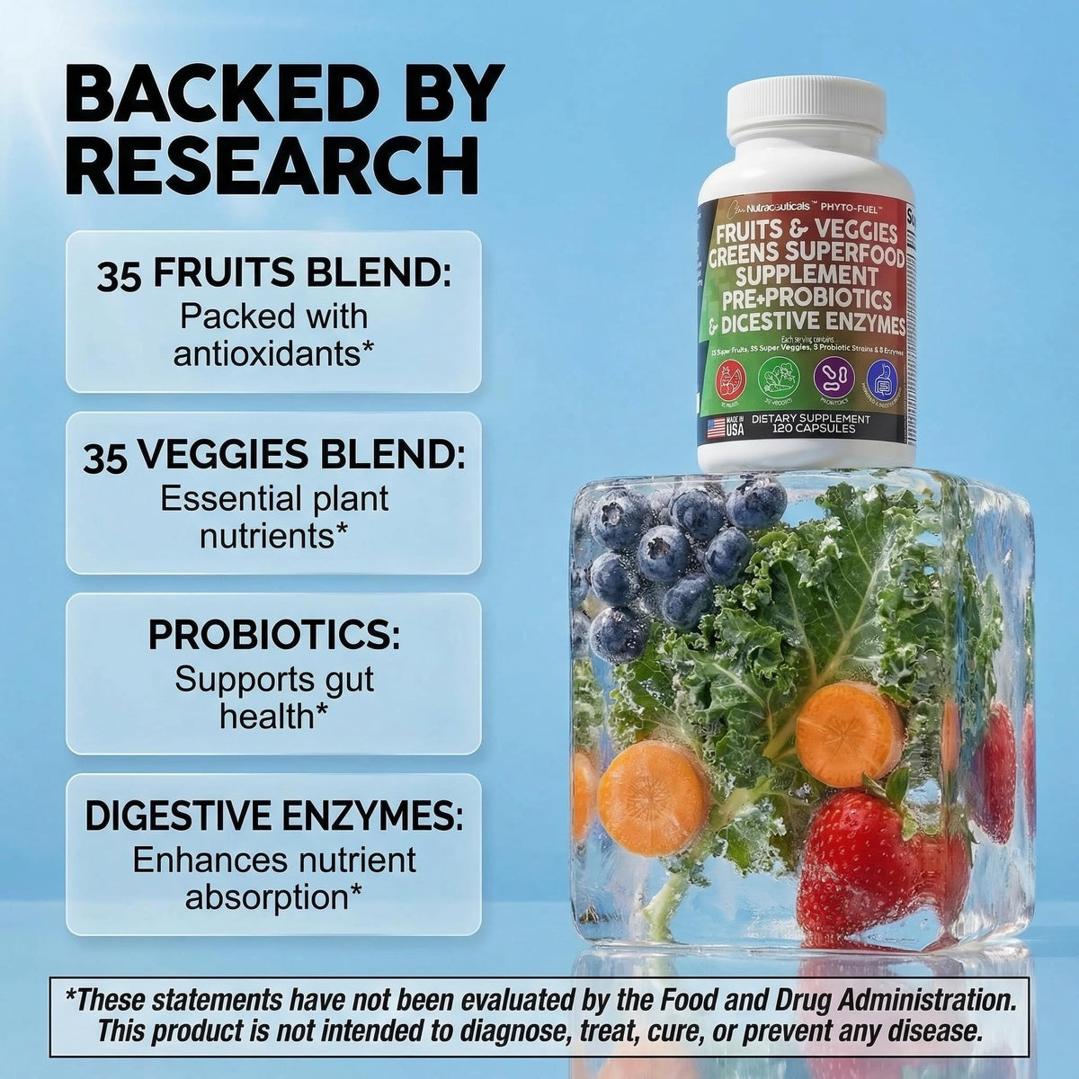 Clean Nutraceuticals Reds and Greens superfood capsules bottle showing probiotics prebiotics and digestive enzymes blend
