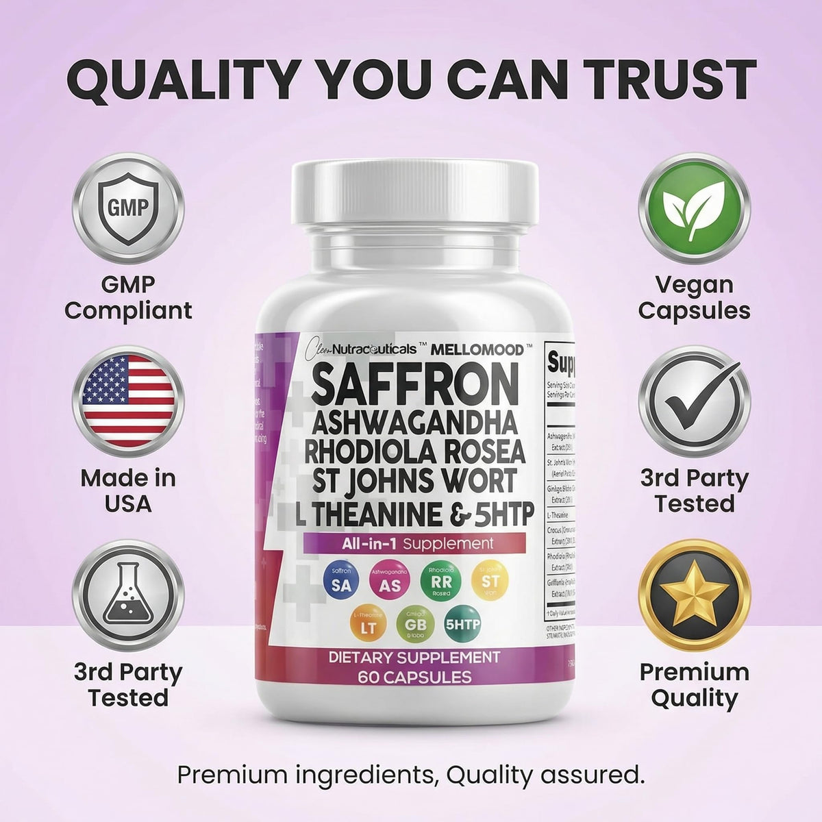Authentic Clean Nutraceuticals Mellomood supplement container showing safe usage guidelines and ingredient facts.