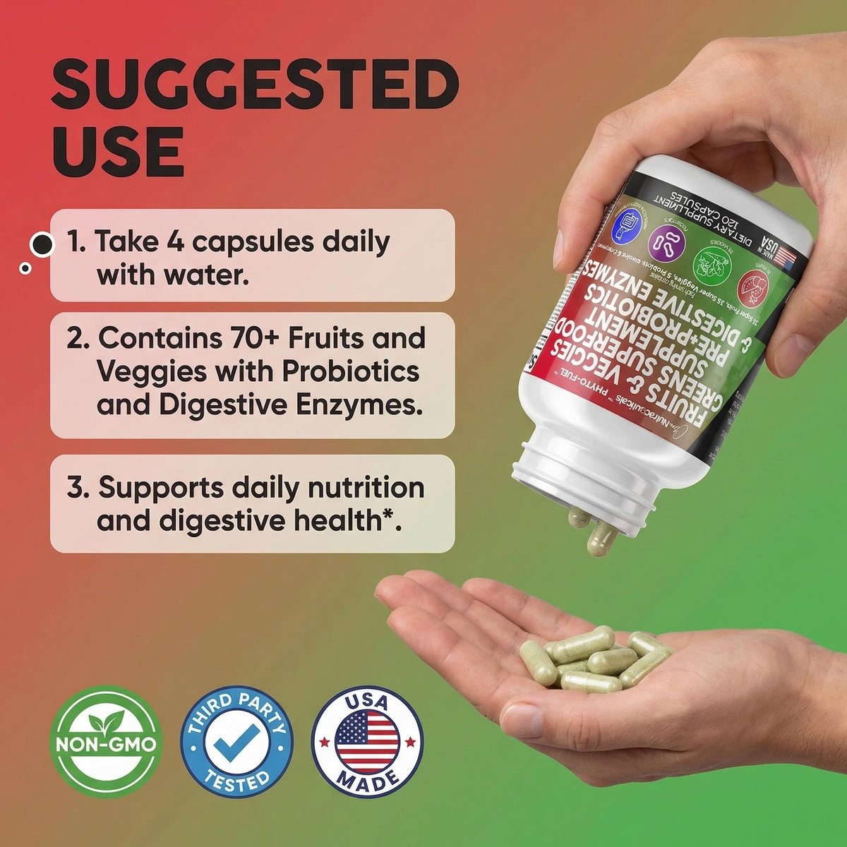 Clean Nutraceuticals Phyto Fuel dietary pills highlighting thirty-five fruits and thirty-five vegetables blend