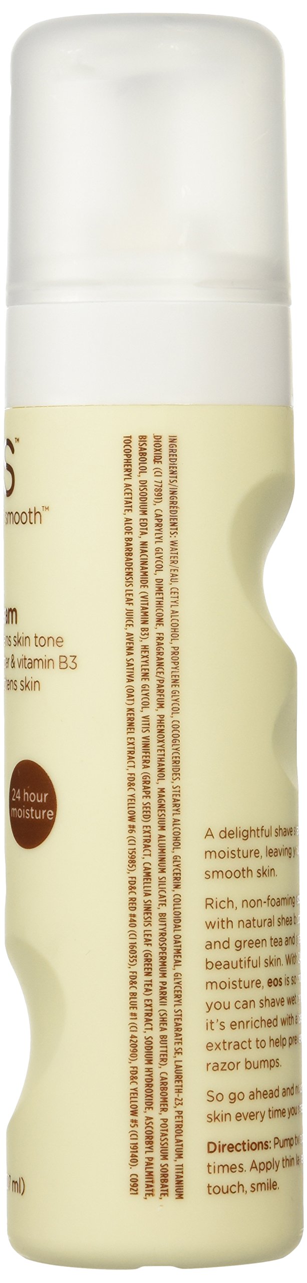 EOS non foaming moisturizing shaving cream bottle showing product benefits and ingredients