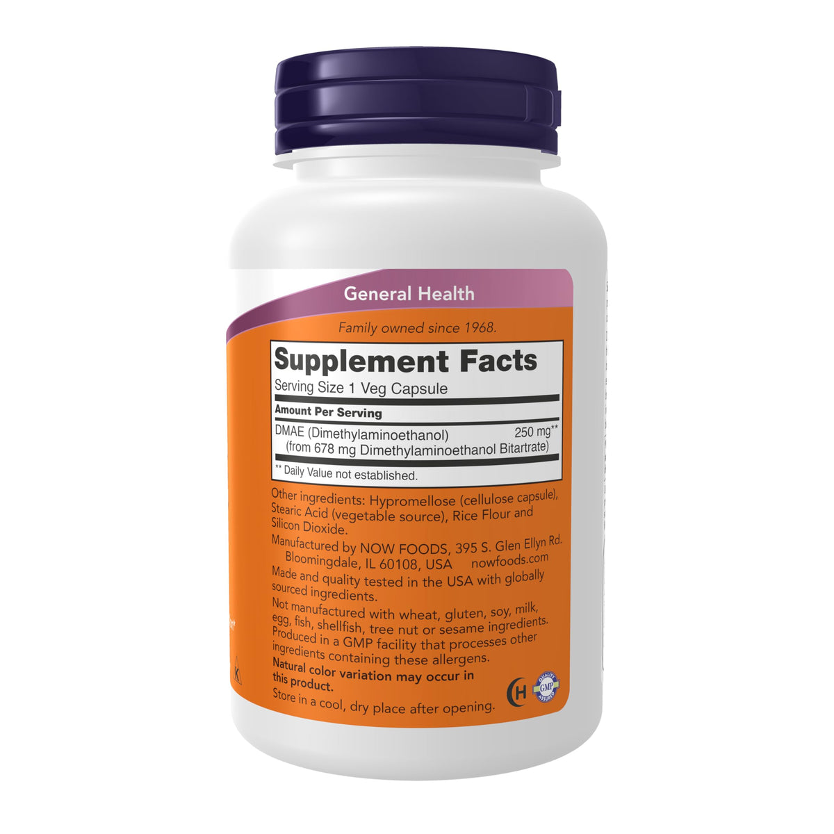 NOW Foods Dimethylaminoethanol supplement packaging displaying nutritional facts and ingredients
