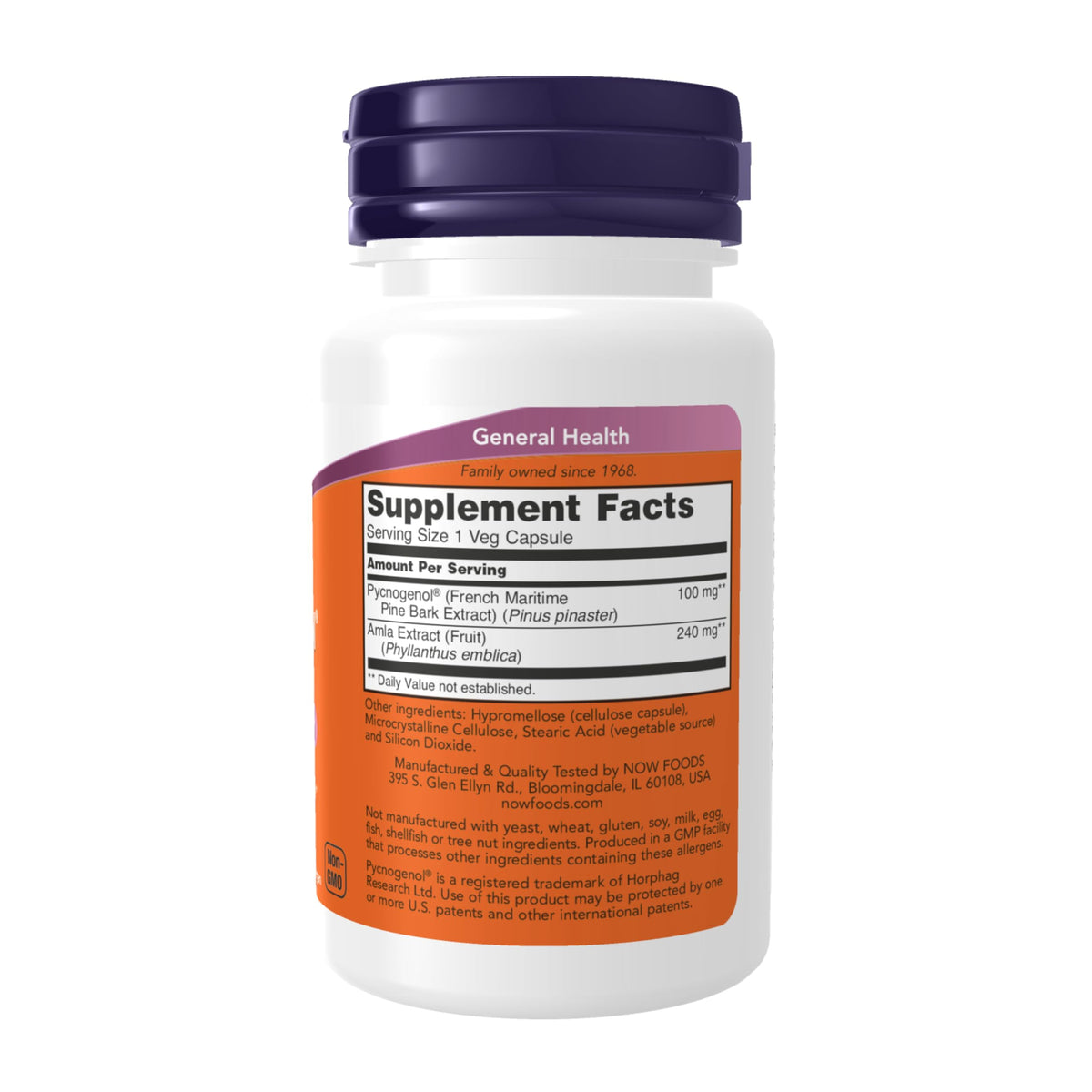 NOW Foods Pycnogenol supplement with Amla extract facts panel