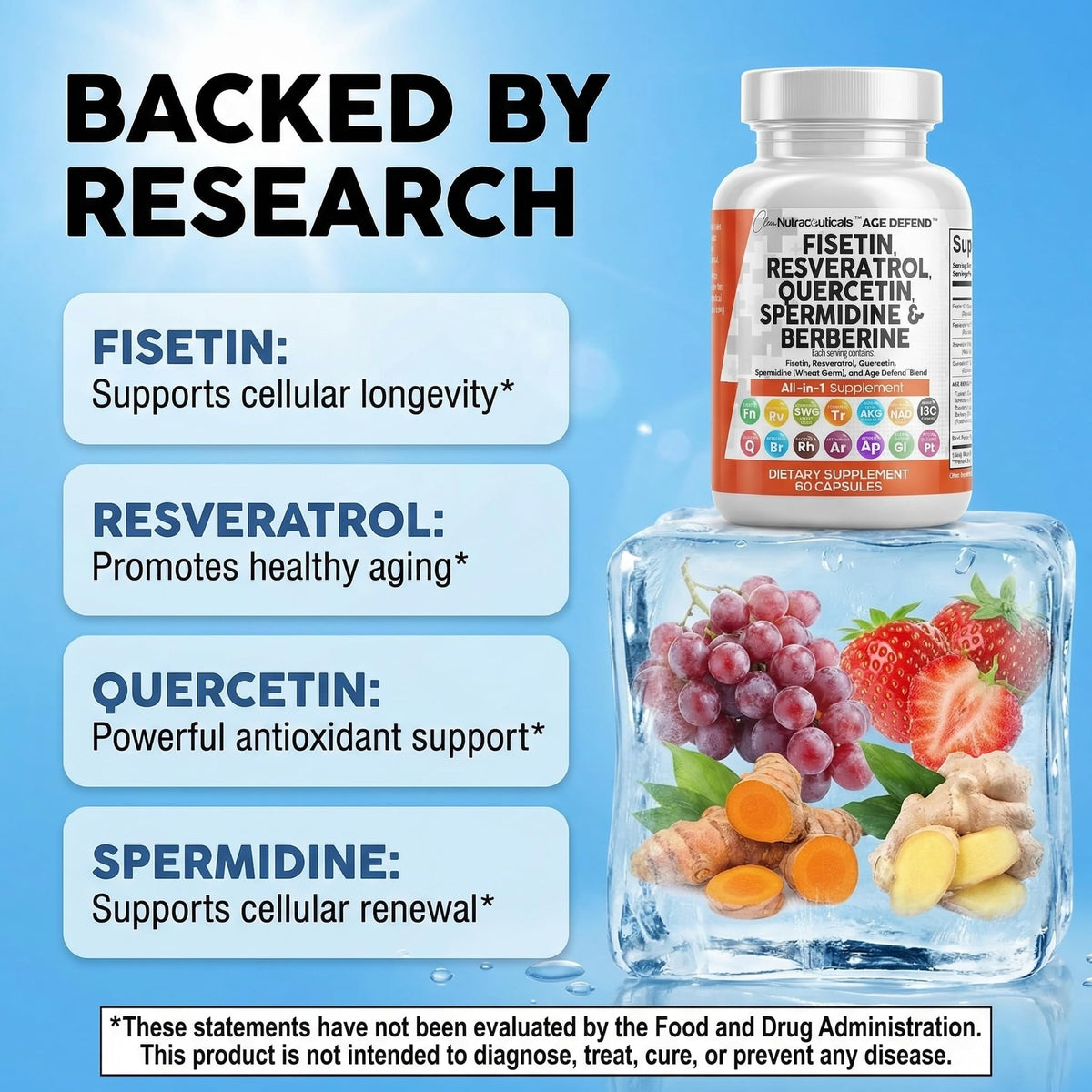 Side view of Clean Nutraceuticals Age Defend dietary supplement container highlighting USA manufacturing