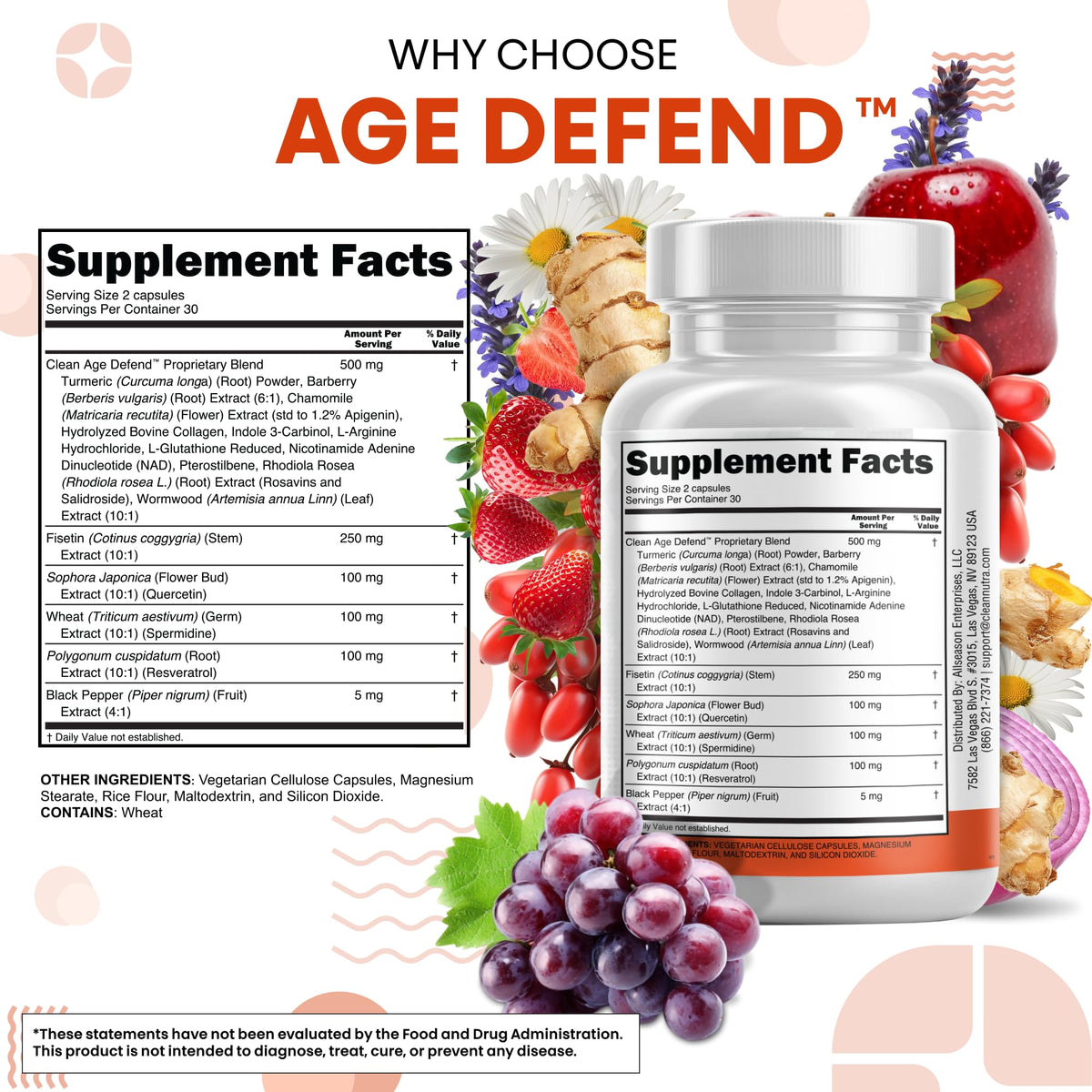Supplement facts panel on the back of Clean Nutraceuticals Age Defend bottle with full ingredient breakdowns