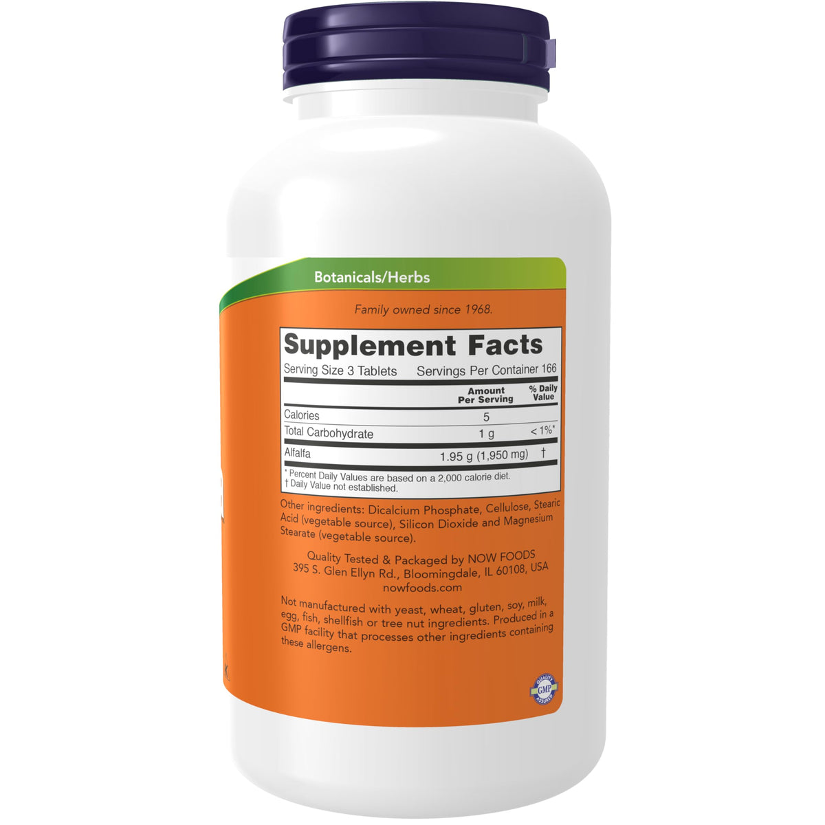 Now Foods Alfalfa dietary supplement bottle side view