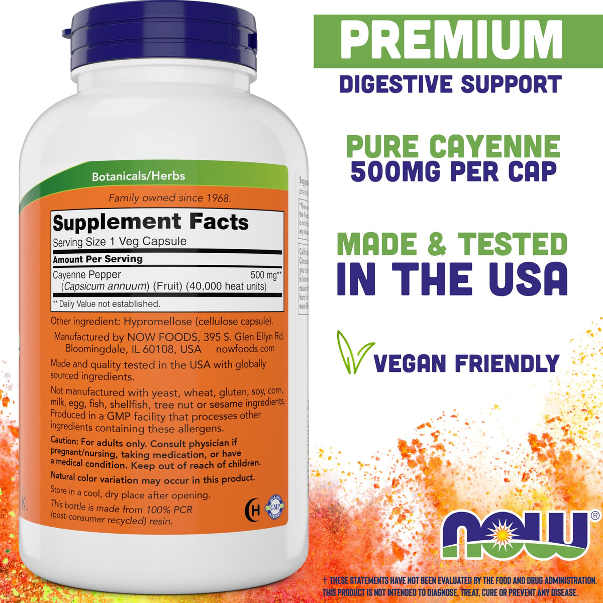 NOW Foods Cayenne 500 mg supplement facts label with ingredient details and allergen warnings