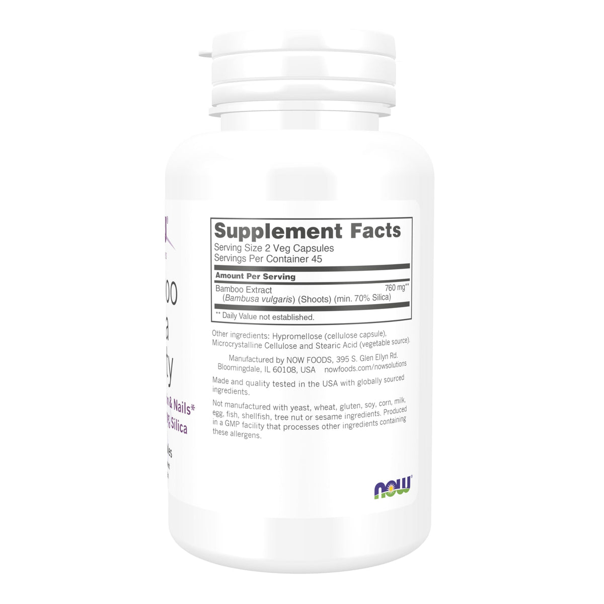 Now Foods Bamboo Silica Beauty supplement bottle label details