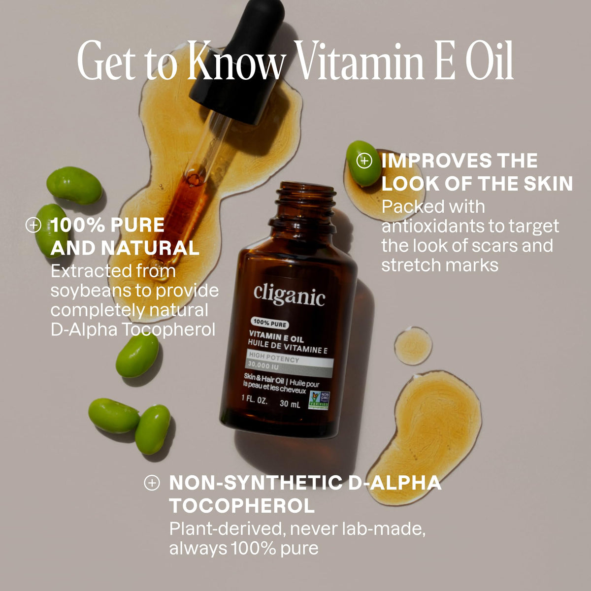 Cliganic certified vegan and non-GMO vitamin E oil packaging back details