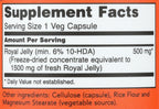 Supplement facts panel on the back of NOW Foods Royal Jelly 1500mg bottle