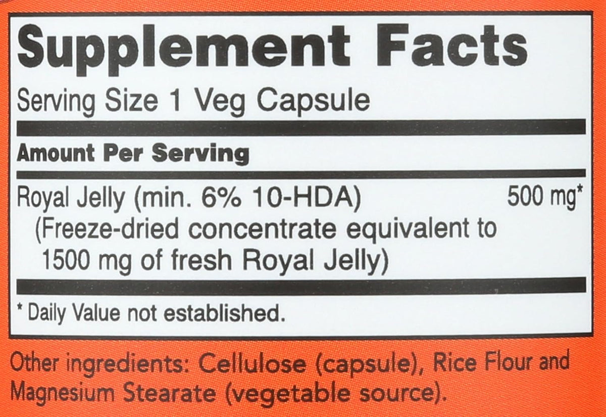 Supplement facts panel on the back of NOW Foods Royal Jelly 1500mg bottle