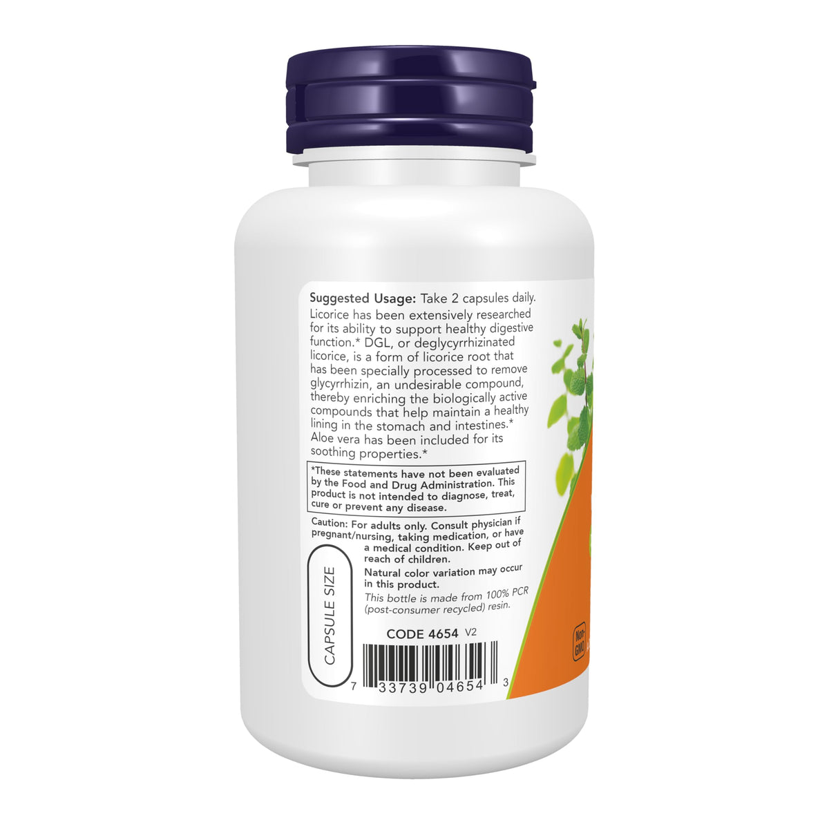Back of bottle showing Now Foods DGL with Aloe Vera ingredients