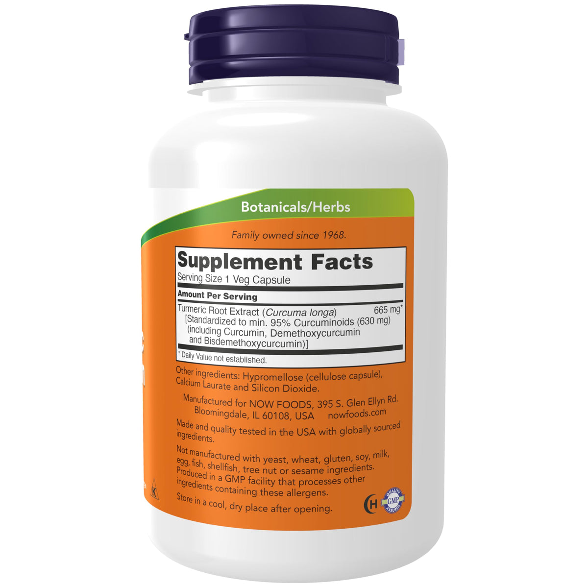 Now Foods Turmeric Curcumin label showing 95 percent standardized curcuminoids