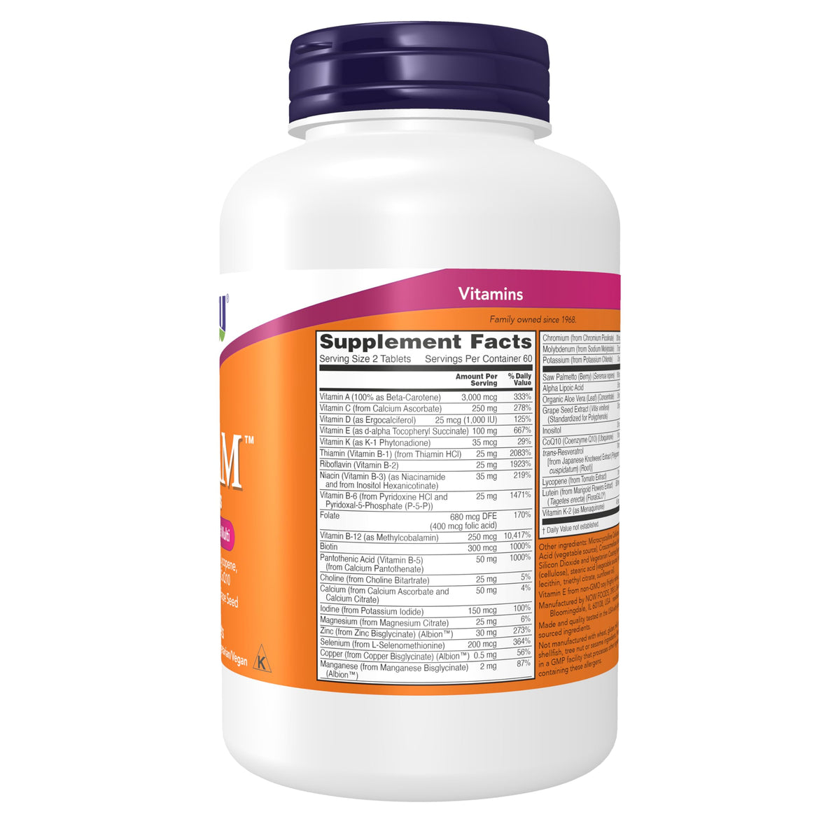 NOW Foods ADAM Mens Multivitamin supplement facts panel and ingredient list