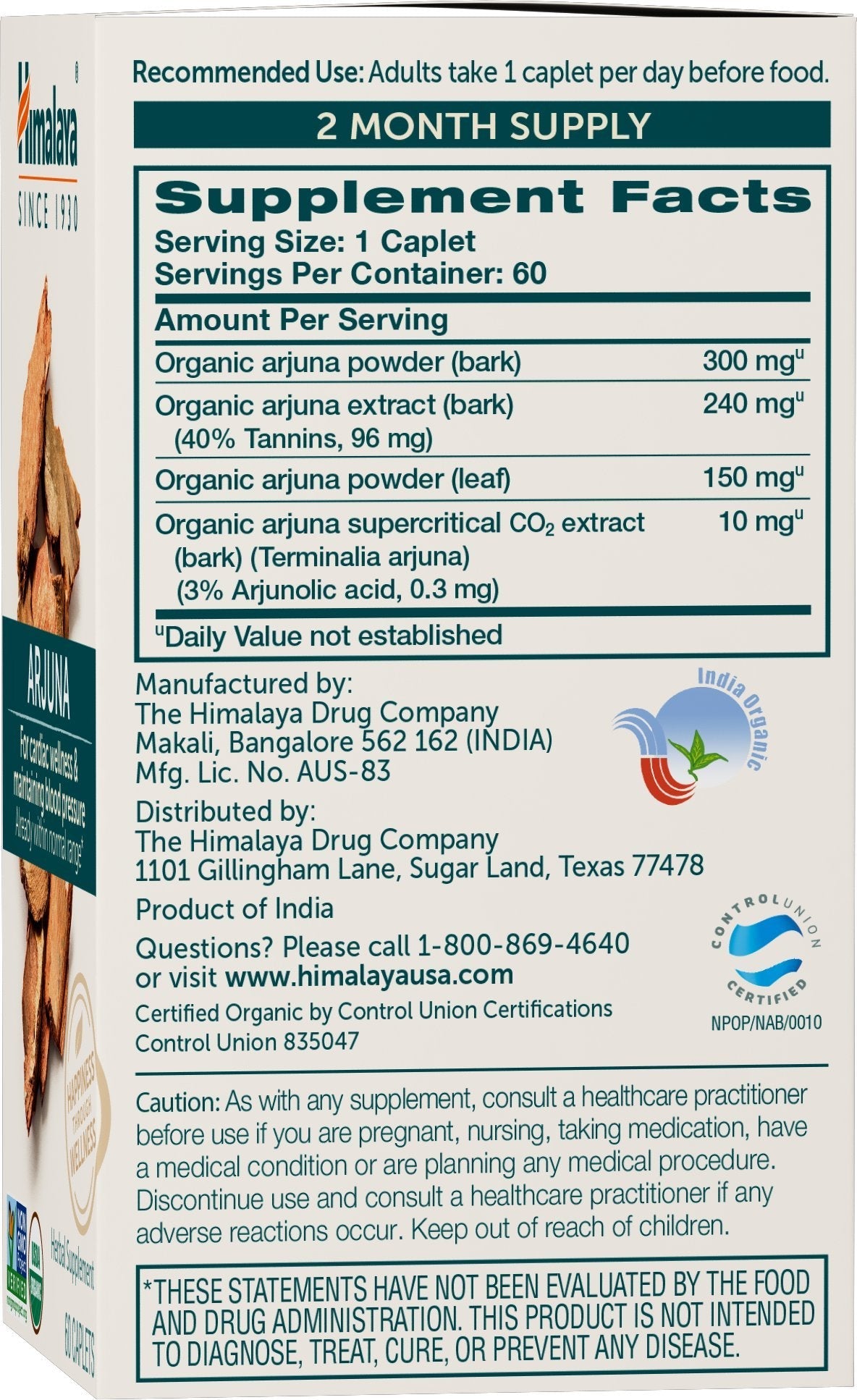Side angle of Himalaya Arjuna cardiovascular supplement showcasing product ingredients and 700 Milligrams dosage facts