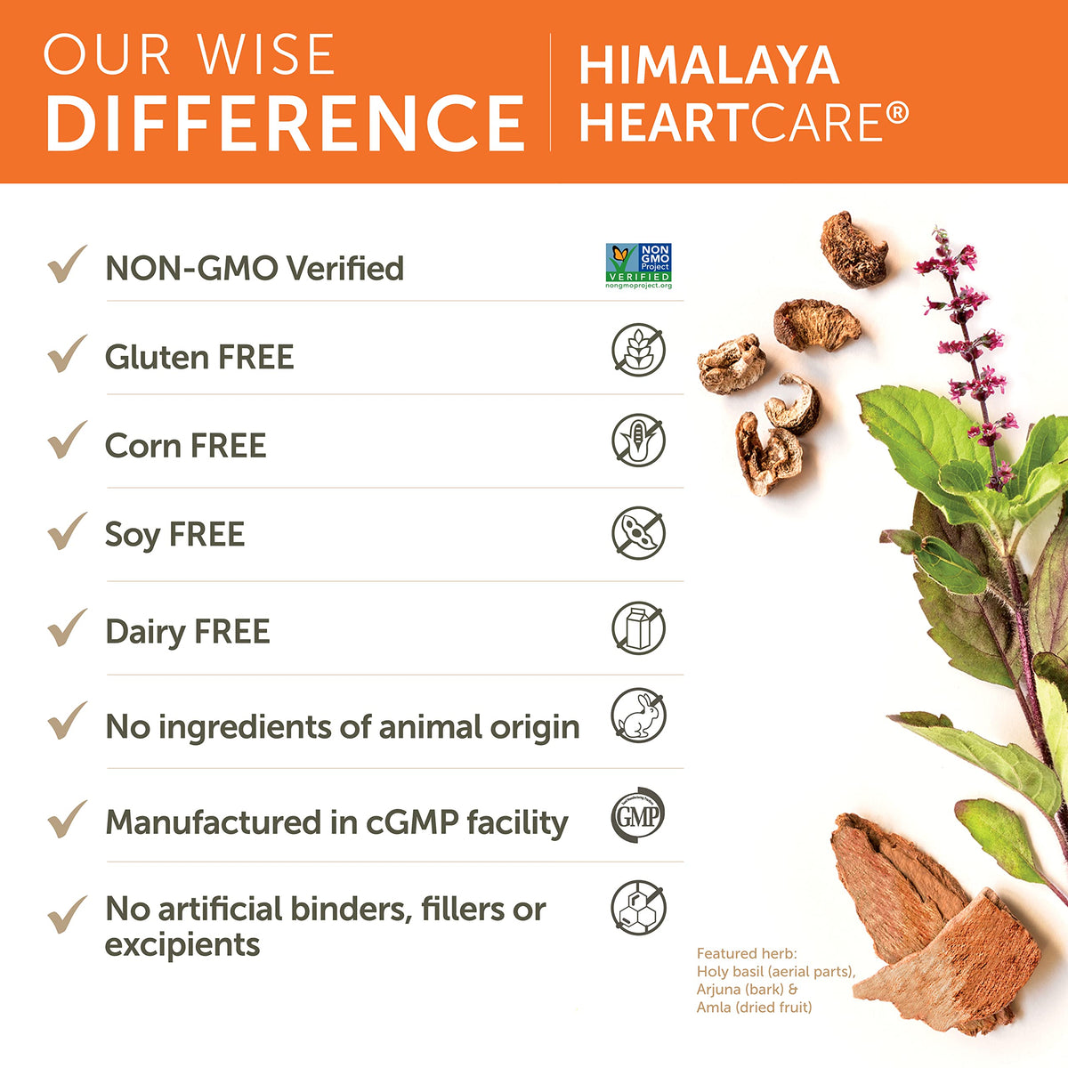 Himalaya HeartCare 240 caps packaging detailing the vegan and dairy free certifications.