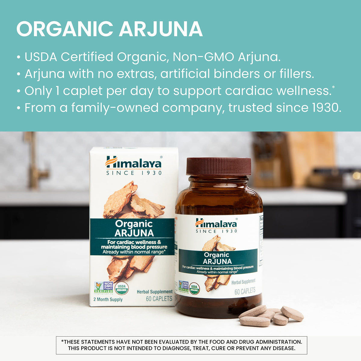 Back label of imported Himalaya Organic Arjuna caplets highlighting the Non-GMO Project Verified certification