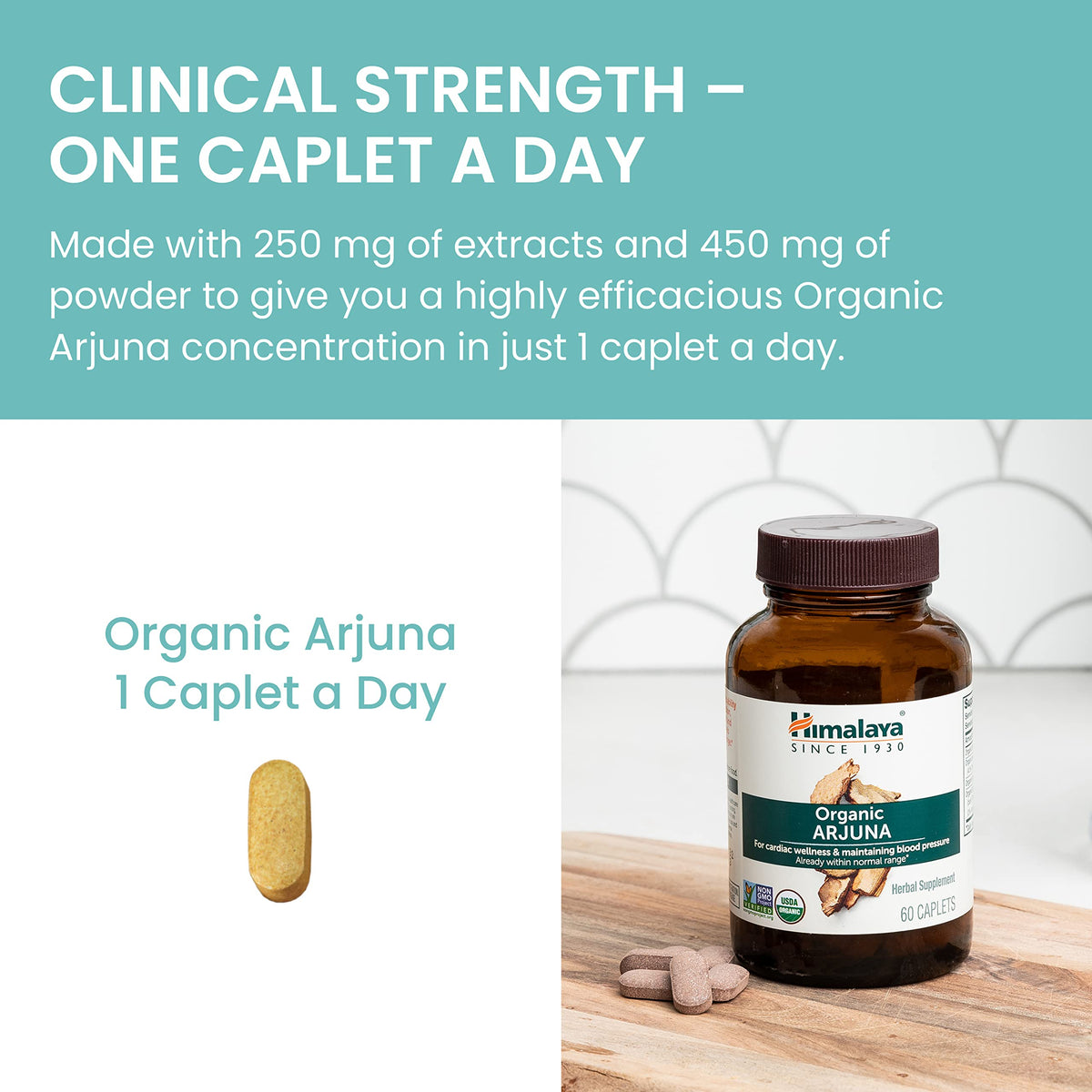 Nutritional disclaimer and directions layout on the authentic Himalaya herbal arjuna caplet bottle