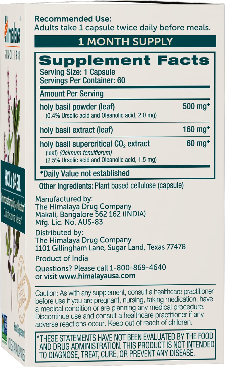Himalaya Holy Basil 60 vegetarian capsules bottle