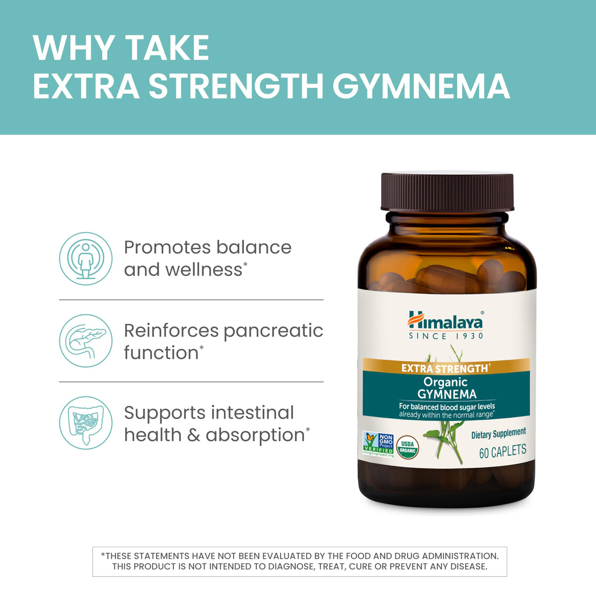 Side angle of Himalaya Gymnema Sylvestre caplets container highlighting glucose metabolism benefits