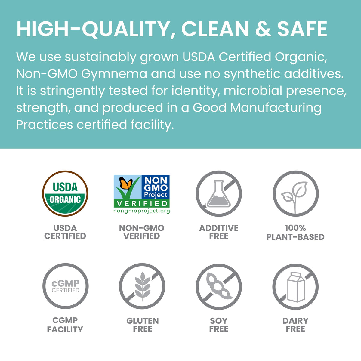 Close up of the non GMO and vegan certifications on the Himalaya Gymnema 60 count packaging