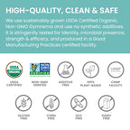 Himalaya Organic Gymnema bottle displayed with non-GMO and gluten-free product seals.