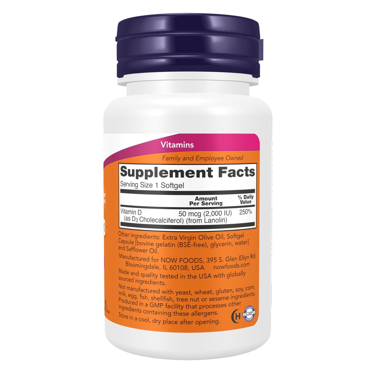 NOW Foods Vitamin D3 240 liquid softgels dietary supplement facts label and ingredient details.