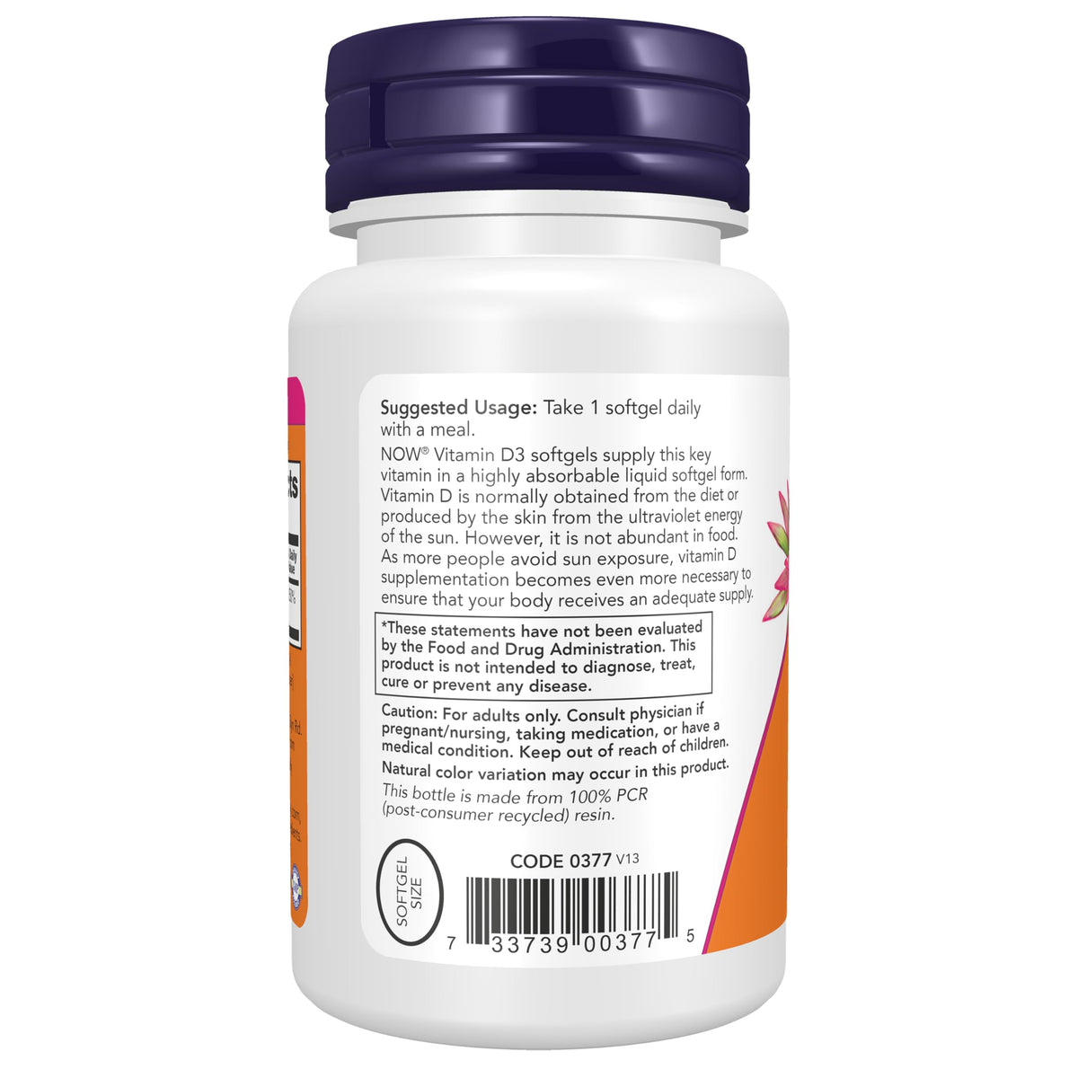 High potency NOW Foods cholecalciferol 2000 IU structural support bottle showing non-GMO seal.
