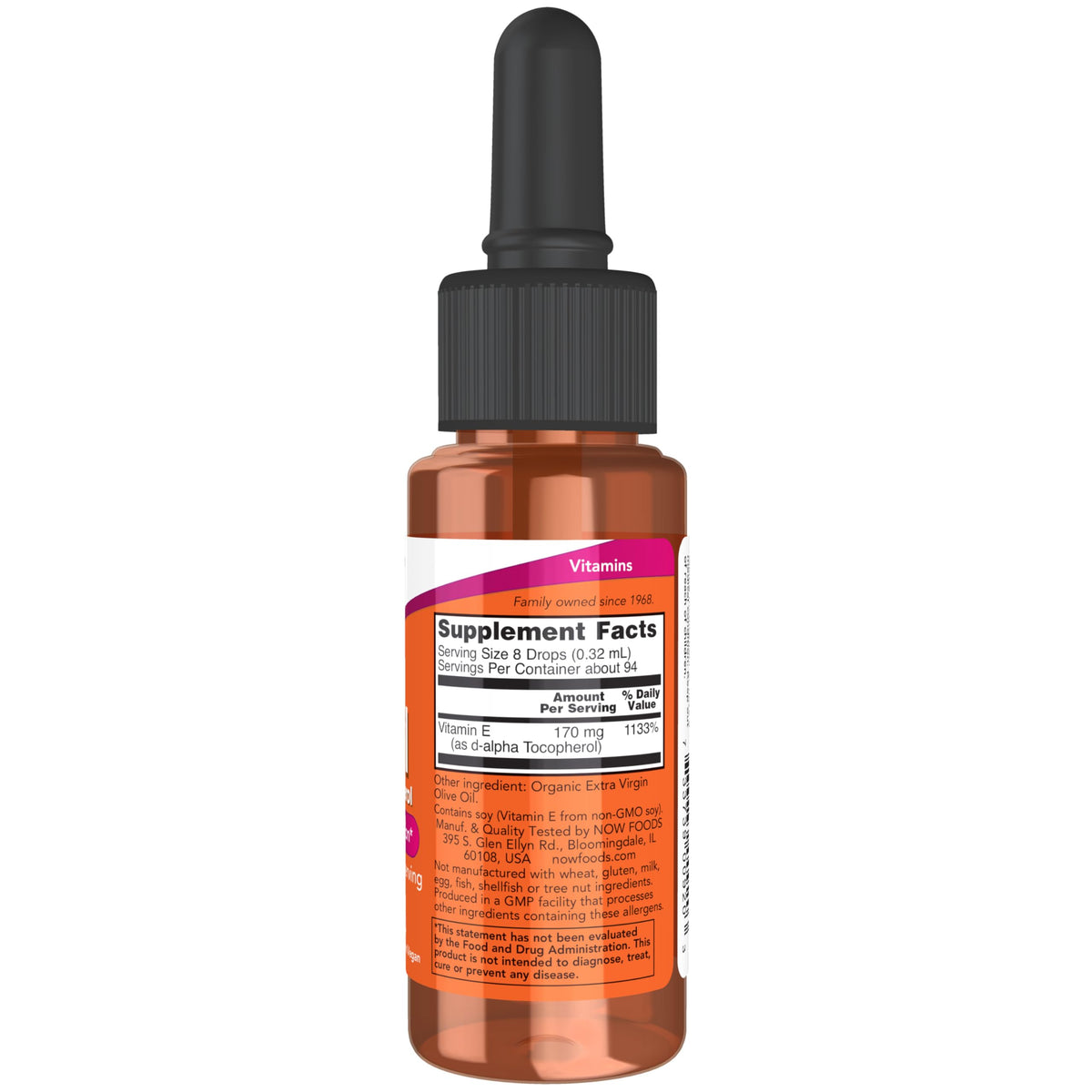 NOW Foods Vitamin E Oil dropper bottle showing natural d-alpha tocopherol liquid