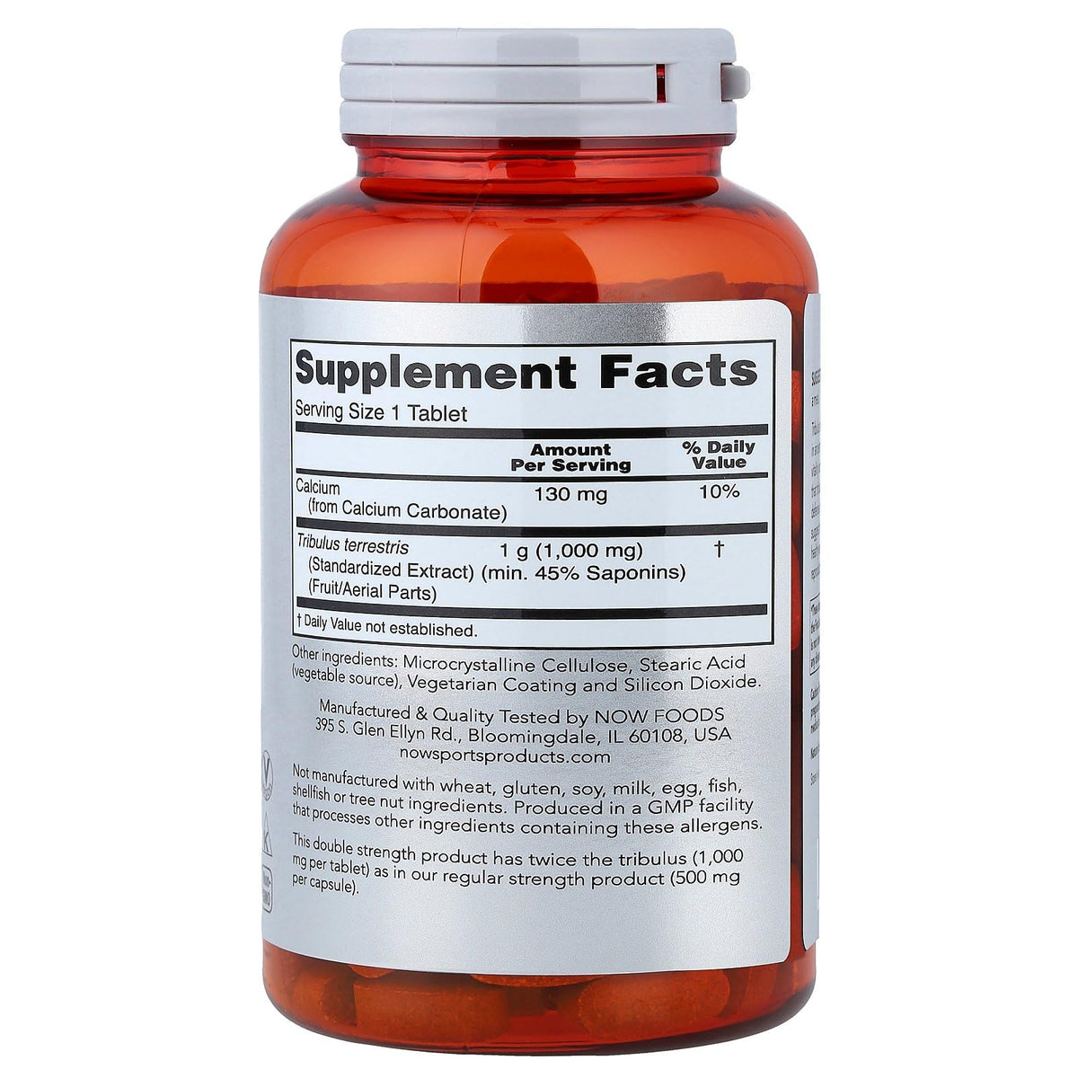 Side view of NOW Foods Tribulus 90 tablets packaging with barcode