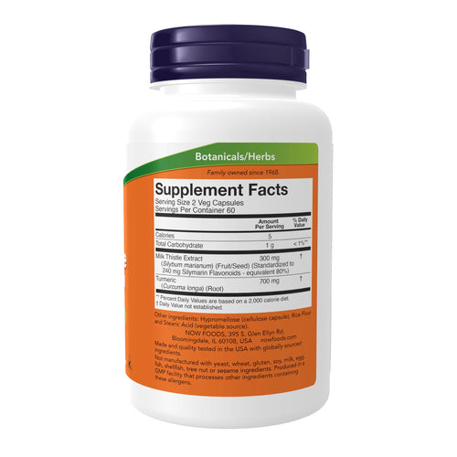 Authentic USA imported milk thistle supplement with turmeric bottle side label showing ingredients.