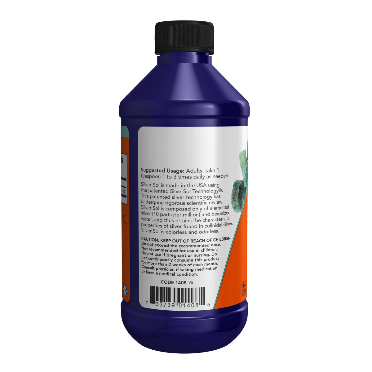 Back label of NOW Foods Silver Sol liquid displaying ingredient listings and usage instructions
