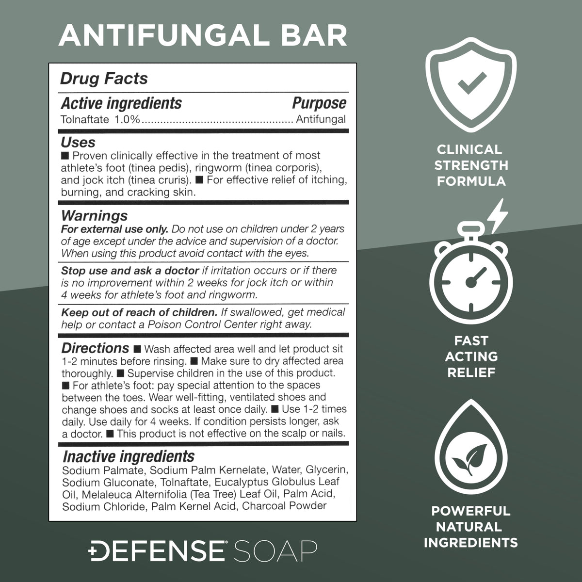 Defense Soap Tolnaftate bar for clearing sweat-induced fungal skin infections.