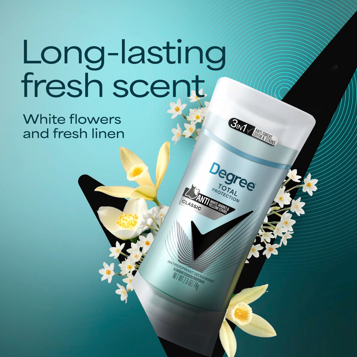 Degree imported sweat and odor protection deodorant for women packaging detail