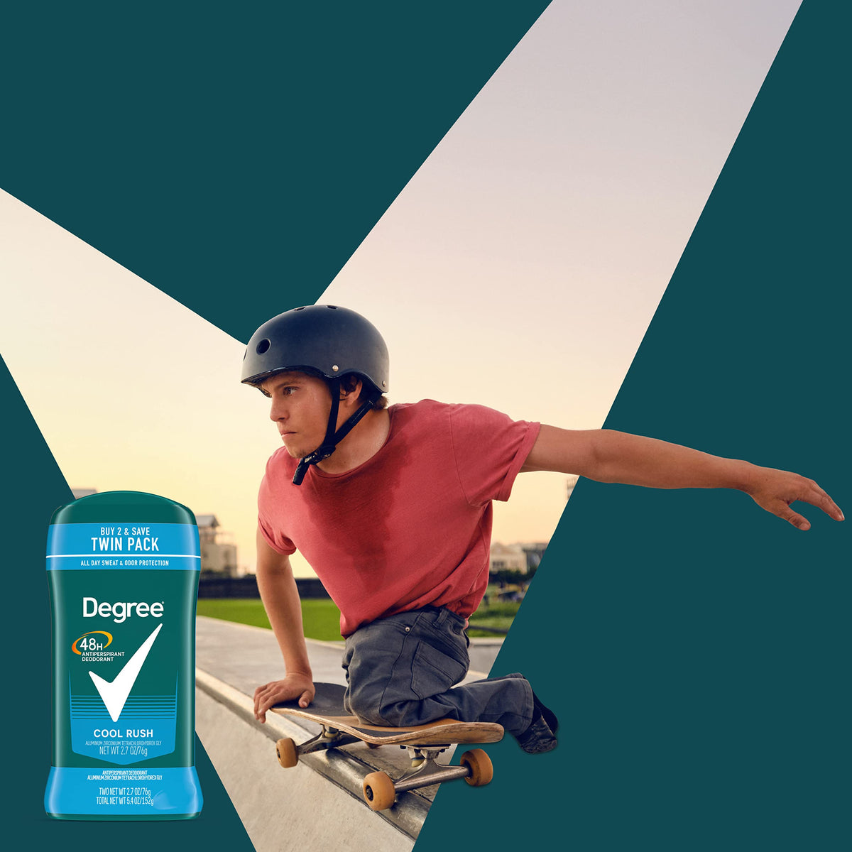 Back label of the Cool Rush deodorant twin pack displaying usage directions and product weight.