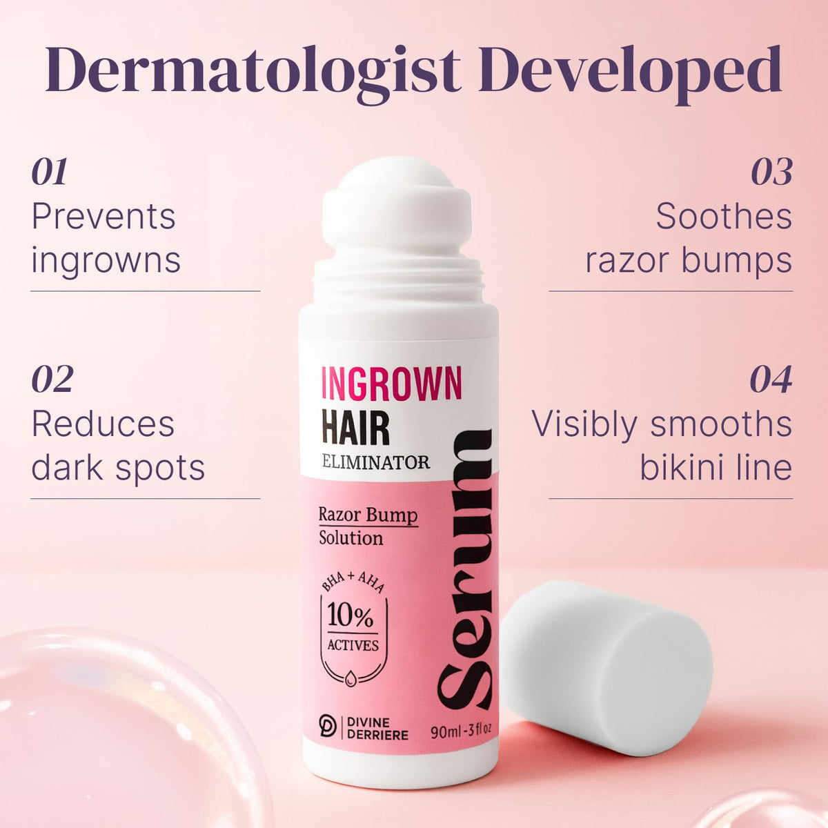 Divine Derriere Ingrown Hair Treatment Solution side view highlighting product size and fluid ounce details