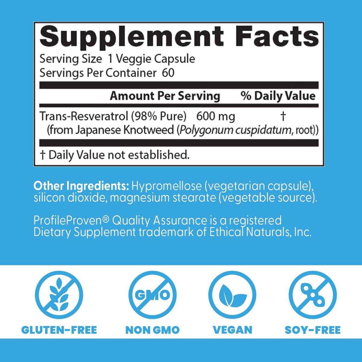 Doctor's Best Trans-Resveratrol 600 Milligrams close-up layout highlighting the 98 percent pure certification.