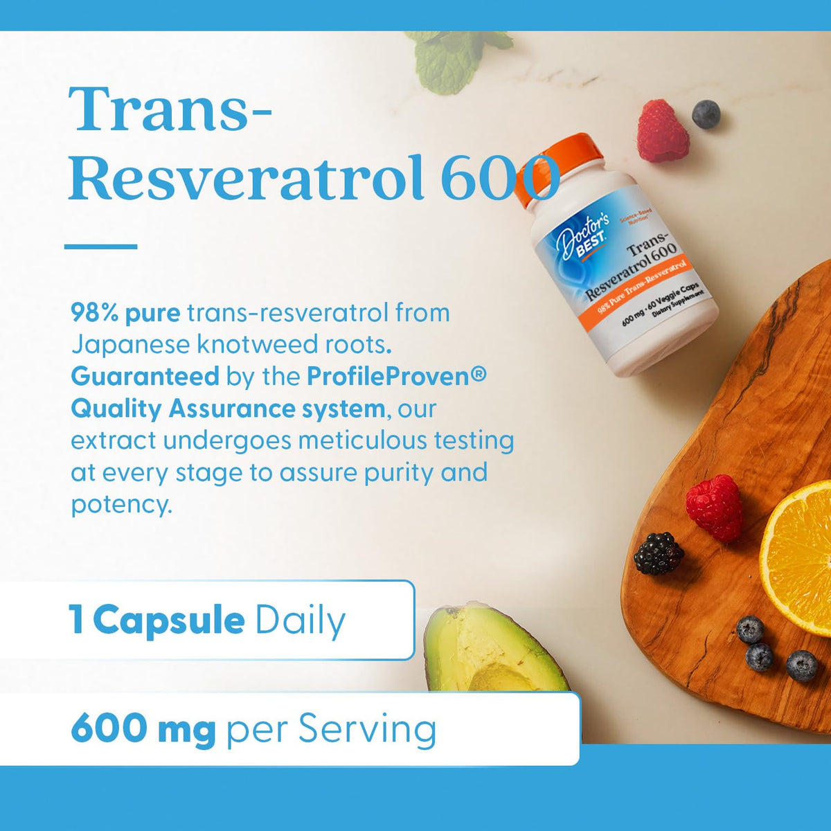 Doctor's Best Trans-Resveratrol 600 Milligrams capsule demonstration emphasizing vegan and gluten-free seals.