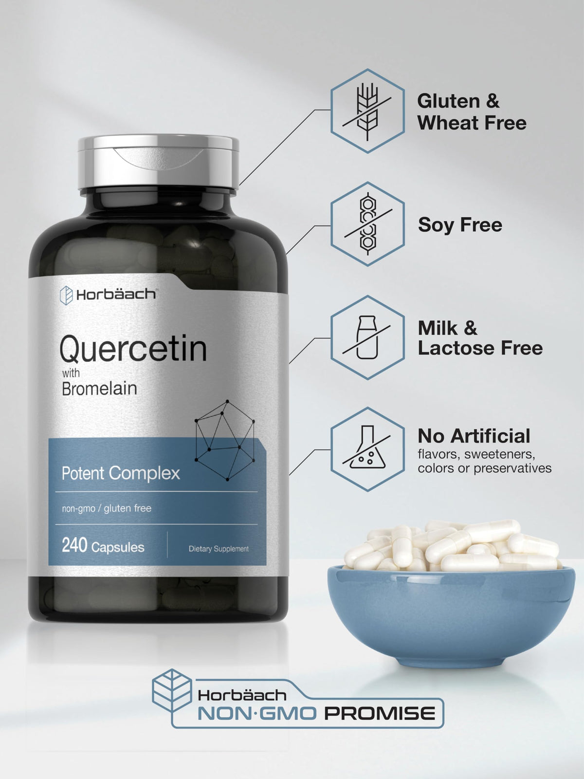 Close up view of Horbäach quick release gluten free capsules containing quercetin and bromelain