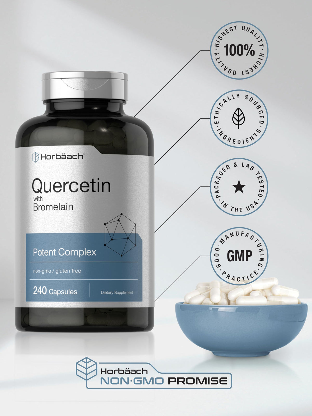 Horbäach dietary supplement bottle showcasing the non-GMO and gluten free certification badges