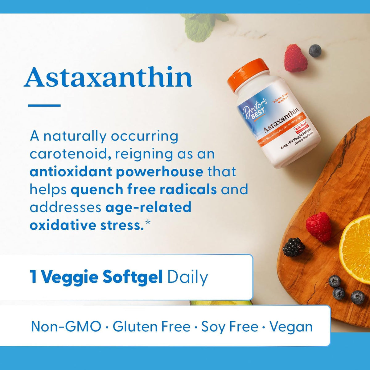 Doctor's Best Astaxanthin healthy aging skin elasticity supplement packaging details