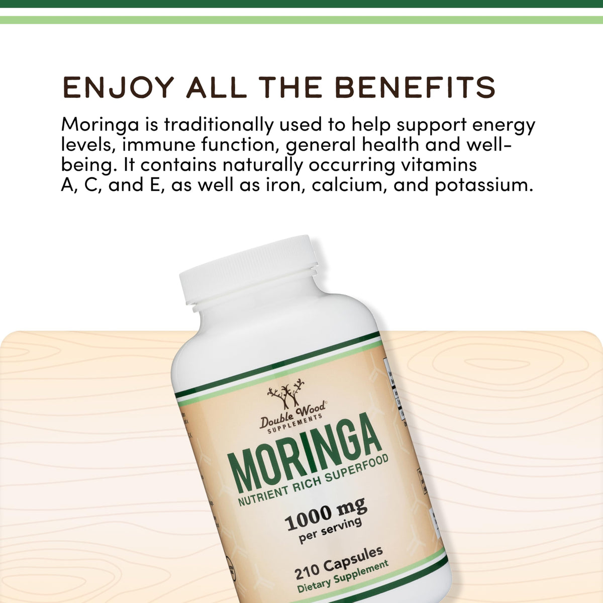 Authentic USA imported Double Wood Supplements organic green superfood bottle with clear capsule contents