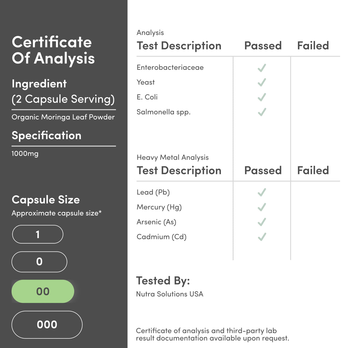 Double Wood Supplements Moringa packaging showing product specifications and verified third-party testing seal