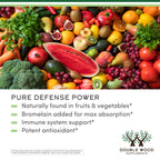 Side angle of vegan safe non GMO gluten free immune health capsules bottle from USA