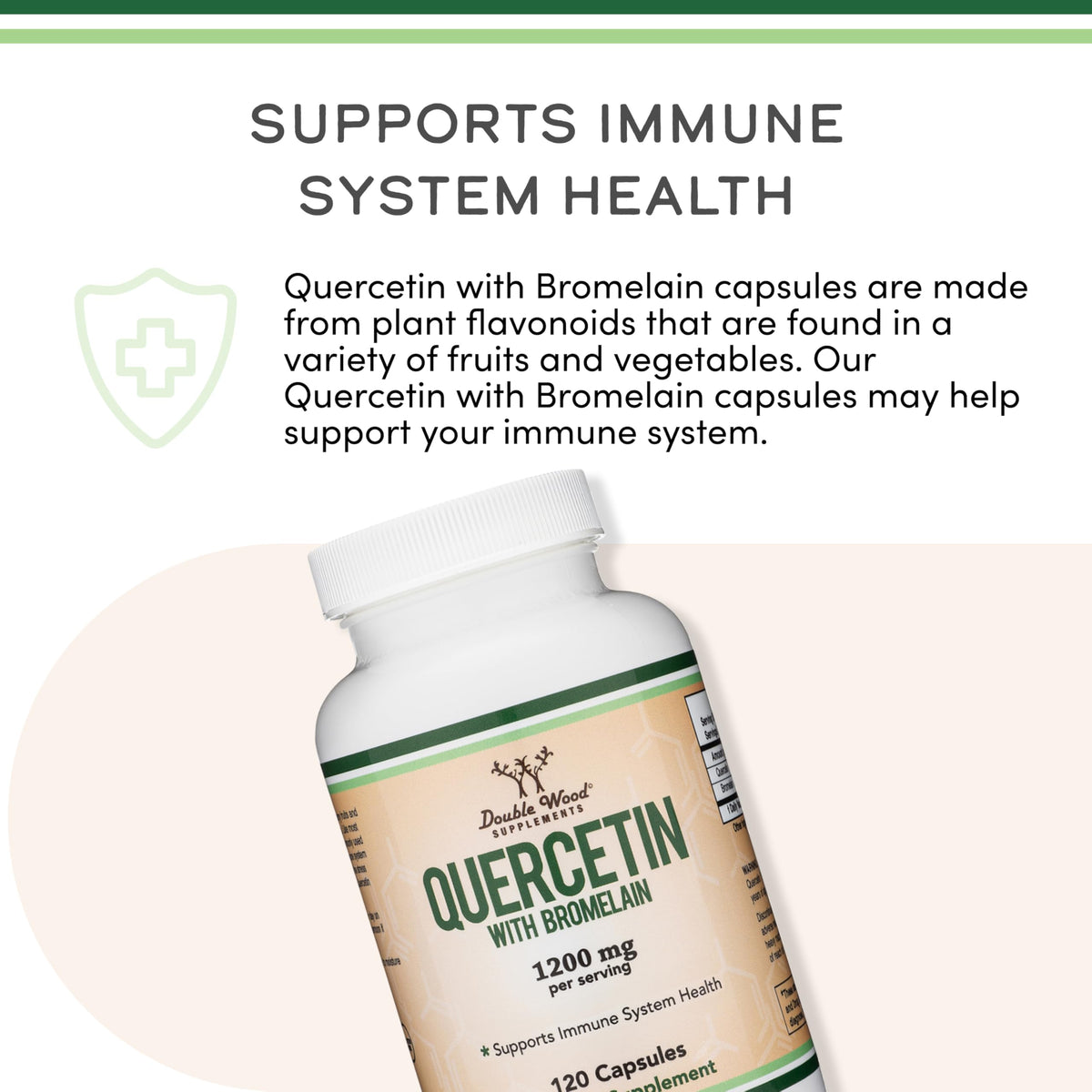 Authentic Double Wood Quercetin 1000mg and Bromelain 200mg capsules displayed for daily health regimen