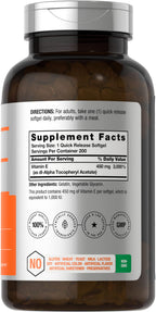 Horbaach Vitamin E 1000 IU 200 Softgels nutritional facts label showing gluten free claims