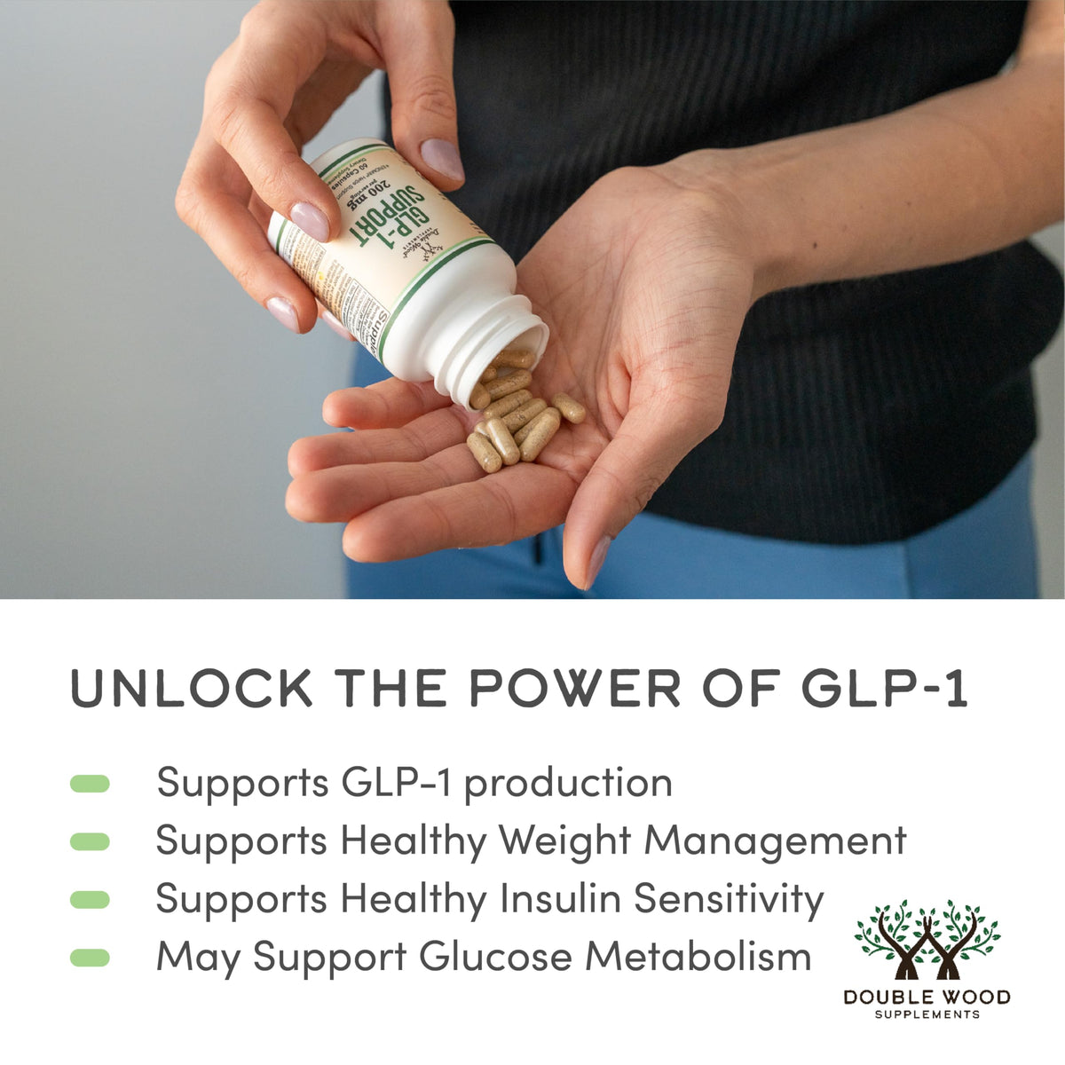 Vegan GLP-1 support capsules by Double Wood for appetite control.