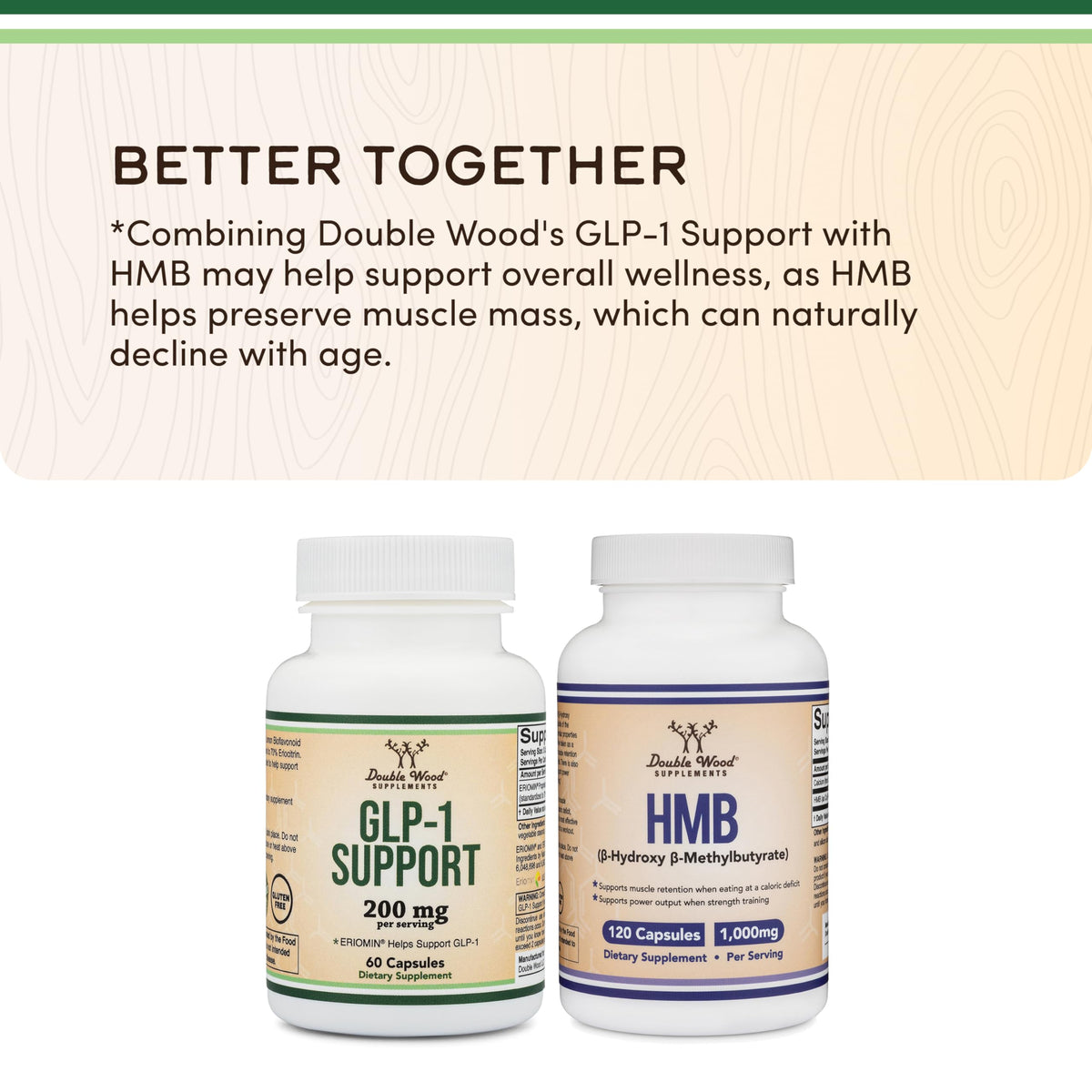 Double Wood GLP-1 dietary supplement bottle showing 60 vegan capsules.